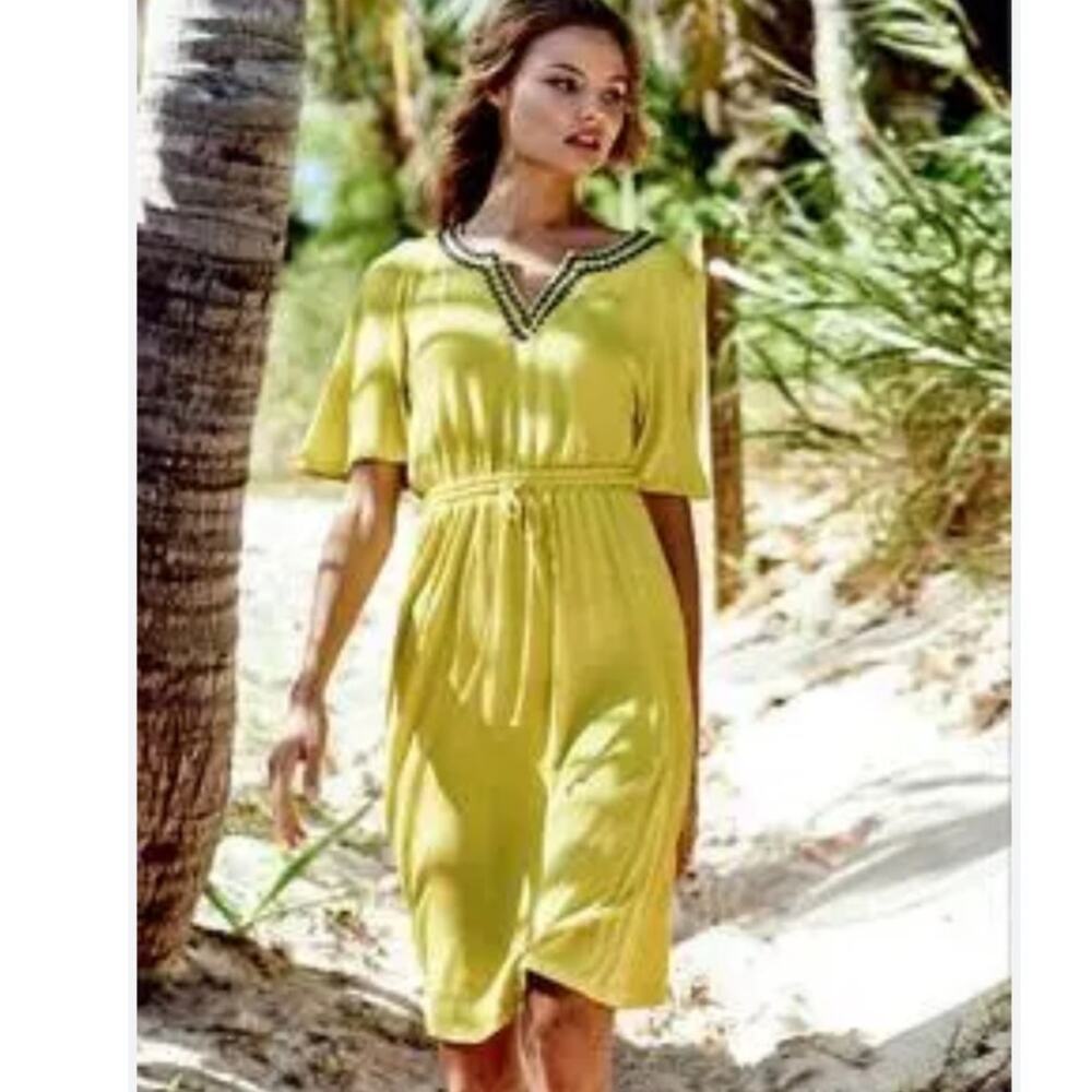 Boden Estelle V Neck Embroidered Linen Blend Yellow and Navy Dress Size 10R
